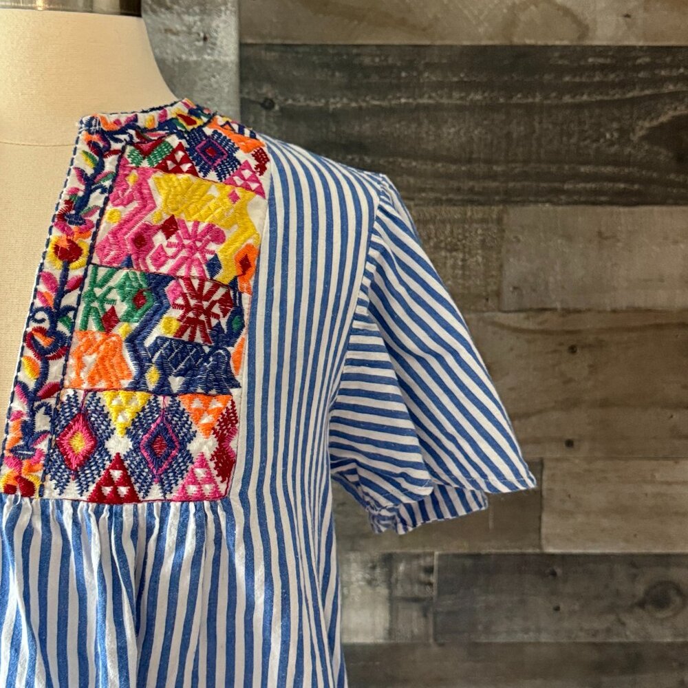 Blue white stripes v-neck fiesta dress large rainbow embroidery festival boho - Picture 3 of 10